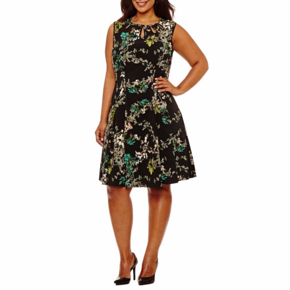 NWT Danny & Nicole Black Multi Floral Print Cut Out Neckline Dress Size 24W